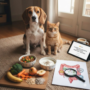 Cane Beagle e gatto soriano seduti vicino a ciotole di cibo sano, verdure e schema dell'intestino per la salute del microbiota".
